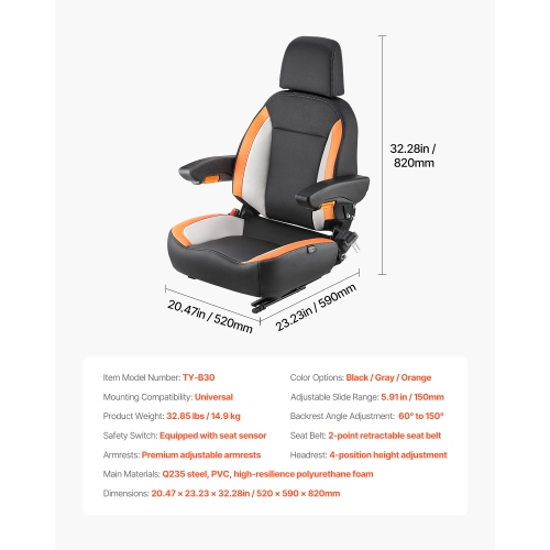 VEVOR Universal Forklift Seat, Tractor Seat with Adjustable Back, Armrest, Headrest & Safety Belt, Secure Tractor Seat with Micro Switch, Ergonomic