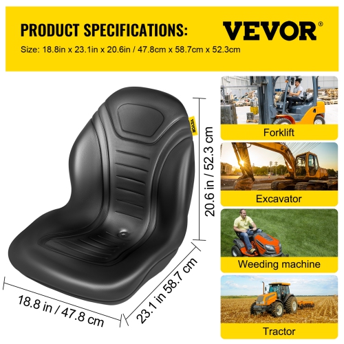 VEVOR 8" x 11.5" & 11.25" x 11.5" Universal Tractor Seat Replacement, Compact High Back Mower Seat Pair, Black Vinyl Forklift Seat, Central Drain