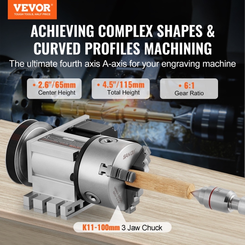 VEVOR K11-100mm Dividing Head,3-Jaw Chuck, 2.6"/65 mm Center Height MT2 Tailstock 6:1 Gear Ratio，CNC Router Milling Machine Rotational Axis 4th Axis