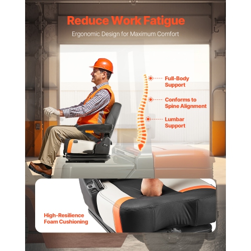 VEVOR Universal Forklift Seat, Tractor Suspension Seat with Adjustable Back, Armrest & Safety Belt, Secure Fold Down Tractor Seat with Micro Switch,