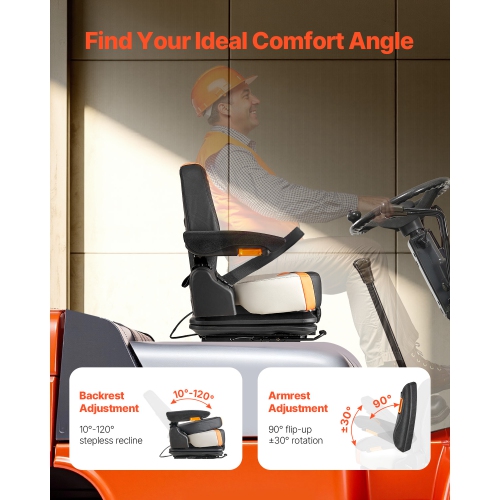 VEVOR Universal Forklift Seat, Tractor Suspension Seat with Adjustable Back, Armrest & Safety Belt, Secure Fold Down Tractor Seat with Micro Switch,