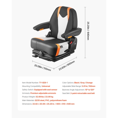 VEVOR Universal Forklift Seat, Tractor Suspension Seat with Adjustable Back, Armrest & Safety Belt, Secure Fold Down Tractor Seat with Micro Switch,