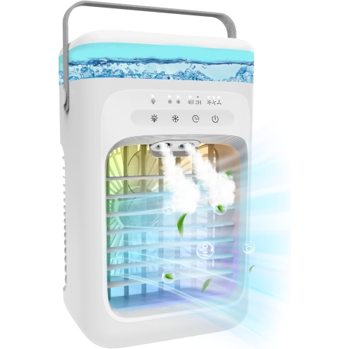 Refroidisseur portatif à évaporation – 3 vitesses de ventilation, minuterie de 2 à 4 heures, lampe LED à 7 couleurs, mini ventilateur écologique pour