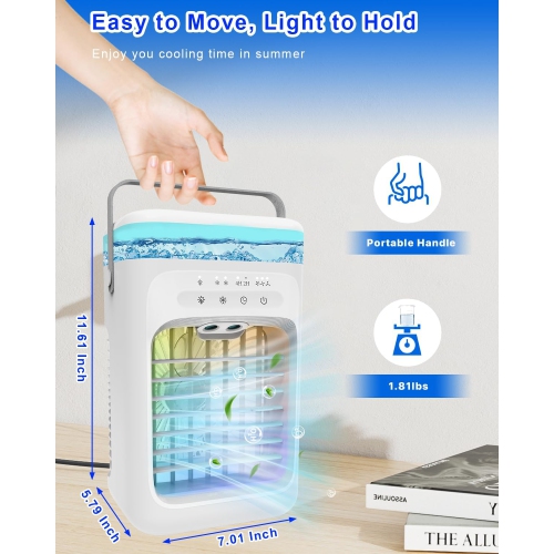 Refroidisseur portatif à évaporation – 3 vitesses de ventilation, minuterie de 2 à 4 heures, lampe LED à 7 couleurs, mini ventilateur écologique pour