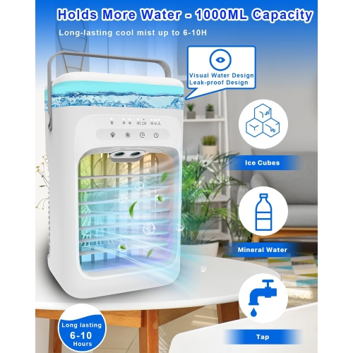 Refroidisseur portatif à évaporation – 3 vitesses de ventilation, minuterie de 2 à 4 heures, lampe LED à 7 couleurs, mini ventilateur écologique pour