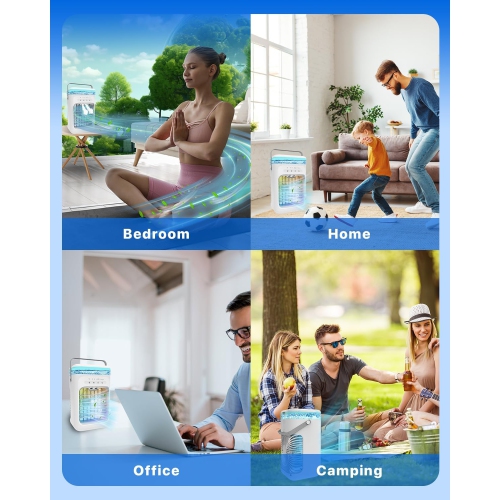 Refroidisseur portatif à évaporation – 3 vitesses de ventilation, minuterie de 2 à 4 heures, lampe LED à 7 couleurs, mini ventilateur écologique pour