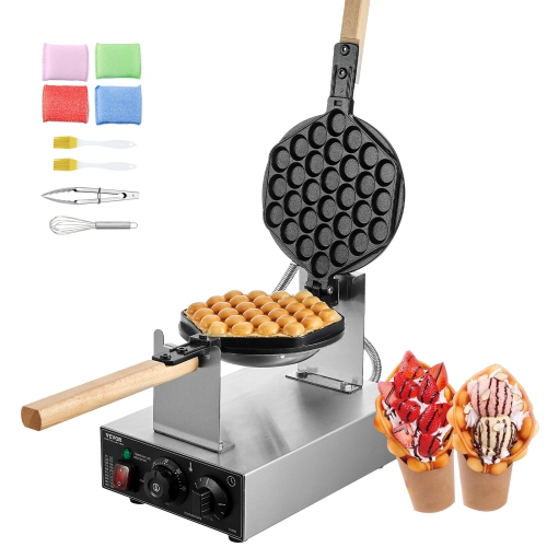 VEVOR 1400W Commercial Bubble Waffle Maker, Non-Stick Stainless Steel Egg Bubble Puff, 180° Rotatable, Temp and Time Control, Wooden Handle, for