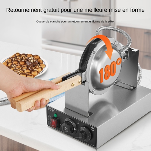 VEVOR 1400W Commercial Bubble Waffle Maker, Non-Stick Stainless Steel Egg Bubble Puff, 180° Rotatable, Temp and Time Control, Wooden Handle, for