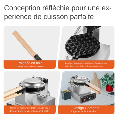 VEVOR 1400W Commercial Bubble Waffle Maker, Non-Stick Stainless Steel Egg Bubble Puff, 180° Rotatable, Temp and Time Control, Wooden Handle, for