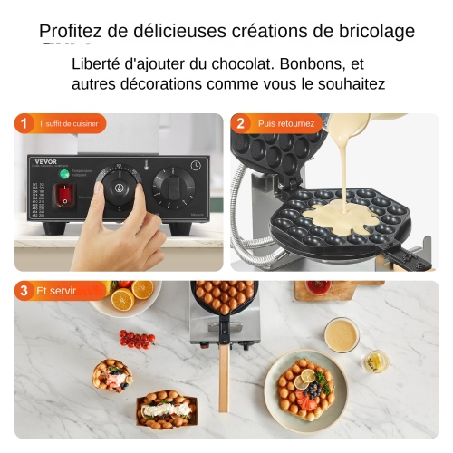 VEVOR 1400W Commercial Bubble Waffle Maker, Non-Stick Stainless Steel Egg Bubble Puff, 180° Rotatable, Temp and Time Control, Wooden Handle, for