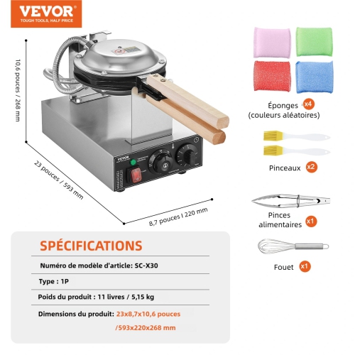VEVOR 1400W Commercial Bubble Waffle Maker, Non-Stick Stainless Steel Egg Bubble Puff, 180° Rotatable, Temp and Time Control, Wooden Handle, for