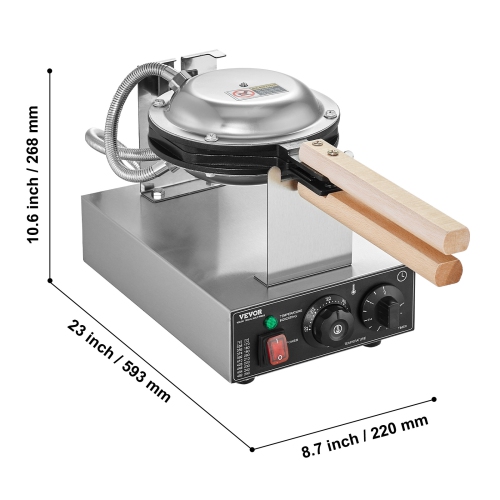 VEVOR 1400W Commercial Bubble Waffle Maker, Non-Stick Stainless Steel Egg Bubble Puff, 180° Rotatable, Temp and Time Control, Wooden Handle, for