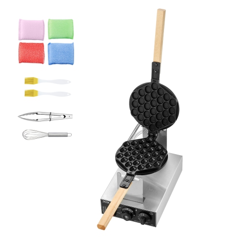 VEVOR 1400W Commercial Bubble Waffle Maker, Non-Stick Stainless Steel Egg Bubble Puff, 180° Rotatable, Temp and Time Control, Wooden Handle, for