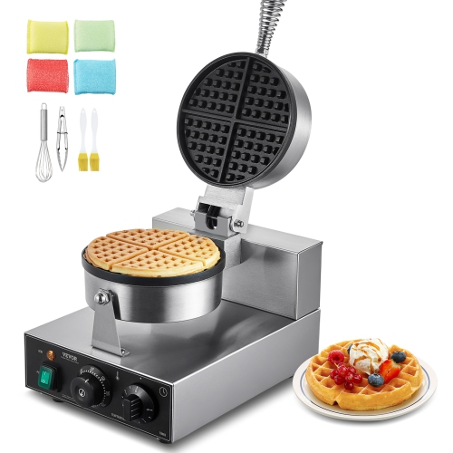 VEVOR 1230W Commercial Waffle Maker, Round Waffle Baker Machine, Non-Stick Stainless Steel, with Temperature and Time Control, Handle, for Restaurant