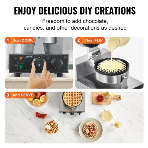 VEVOR 1230W Commercial Waffle Maker, Round Waffle Baker Machine, Non-Stick Stainless Steel, with Temperature and Time Control, Handle, for Restaurant