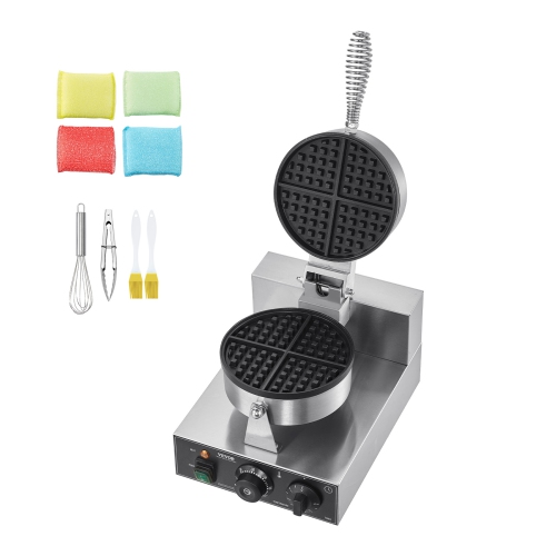 VEVOR 1230W Commercial Waffle Maker, Round Waffle Baker Machine, Non-Stick Stainless Steel, with Temperature and Time Control, Handle, for Restaurant