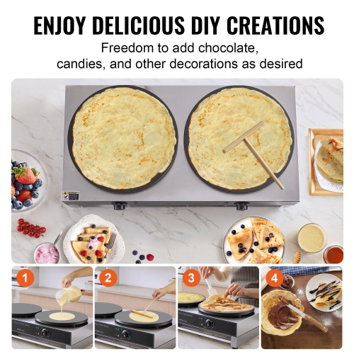 VEVOR 16-Inch Electric Crepe Maker, Double Head Commercial Machine, 3400W Flat Plate Crepe Griddle, Nonstick Stainless Steel, Desktop Circular