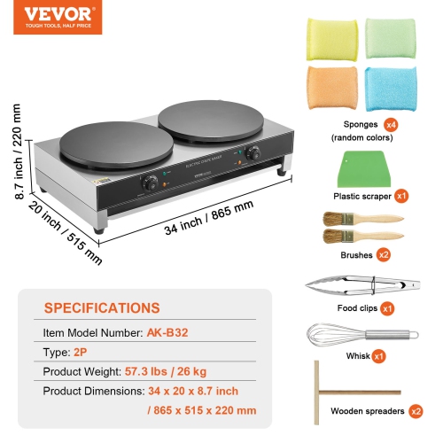 VEVOR 16-Inch Electric Crepe Maker, Double Head Commercial Machine, 3400W Flat Plate Crepe Griddle, Nonstick Stainless Steel, Desktop Circular