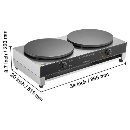 VEVOR 16-Inch Electric Crepe Maker, Double Head Commercial Machine, 3400W Flat Plate Crepe Griddle, Nonstick Stainless Steel, Desktop Circular