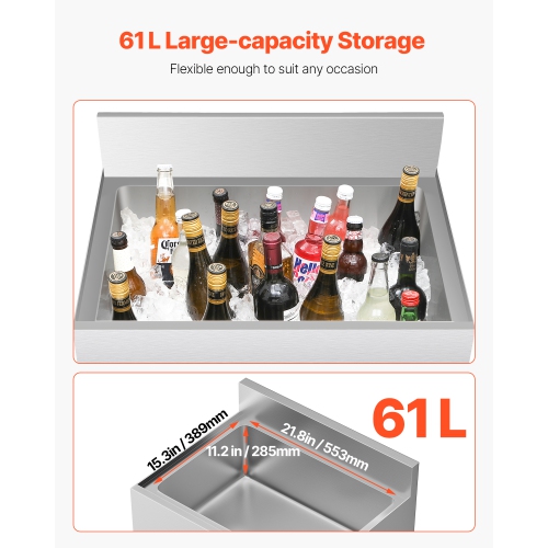 VEVOR 61 L Commercial Ice Bin, Underbar Ice Bin, 24 x 19 x 37 in Stainless Steel Ice Chest with Sliding Lid,Bottle Holders,Adjustable Bullet Feet,