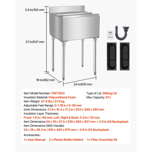 VEVOR 61 L Commercial Ice Bin, Underbar Ice Bin, 24 x 19 x 37 in Stainless Steel Ice Chest with Sliding Lid,Bottle Holders,Adjustable Bullet Feet,