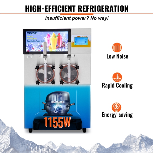 VEVOR 8L / 2.1 Gal Commercial Slushy Machine, Double Bowl Margarita Machine,1155W Stainless Steel Margarita Smoothie Frozen Drink Maker, Slushie