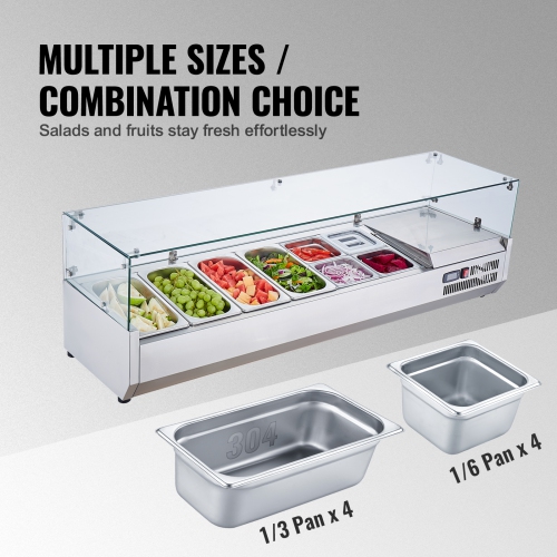 VEVOR 150 W Refrigerated Condiment Prep Station, Countertop Refrigerated Condiment Station, with 4 1/3 Pans & 4 1/6 Pans, 304 Stainless Body and PC
