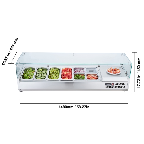 VEVOR 150 W Refrigerated Condiment Prep Station, Countertop Refrigerated Condiment Station, with 4 1/3 Pans & 4 1/6 Pans, 304 Stainless Body and PC