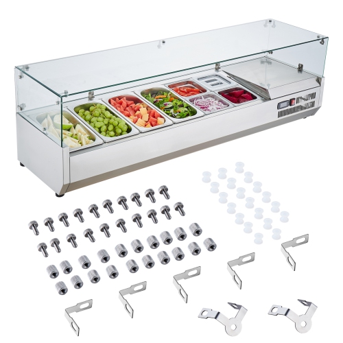 VEVOR 150 W Refrigerated Condiment Prep Station, Countertop Refrigerated Condiment Station, with 4 1/3 Pans & 4 1/6 Pans, 304 Stainless Body and PC