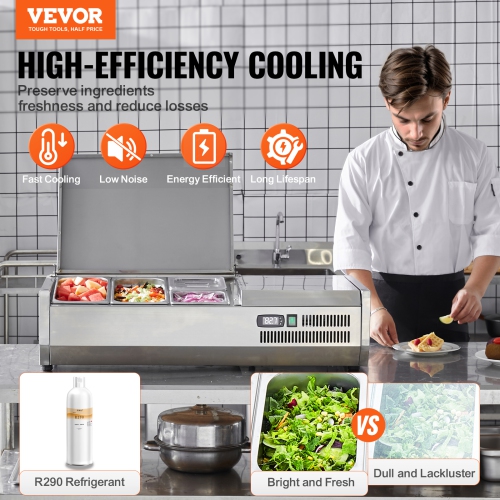 VEVOR 130 W Refrigerated Condiment Prep Station, Countertop Refrigerated Condiment Station, with 1 1/3 Pan & 4 1/6 Pans, 304 Stainless Body and PC