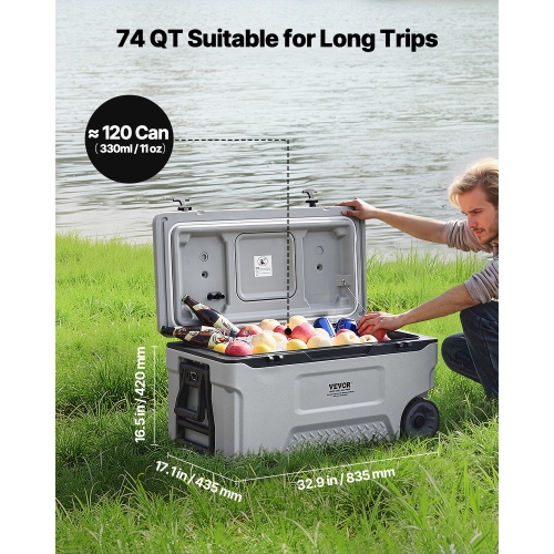 VEVOR 74 QT Portable Cooler, Wheeled Cooler with Ice Retention, Heavy-Duty Handles and Cup Holder, Lightweight Rigid Material Insulated Portable
