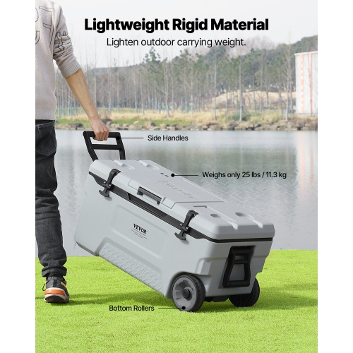 VEVOR 74 QT Portable Cooler, Wheeled Cooler with Ice Retention, Heavy-Duty Handles and Cup Holder, Lightweight Rigid Material Insulated Portable