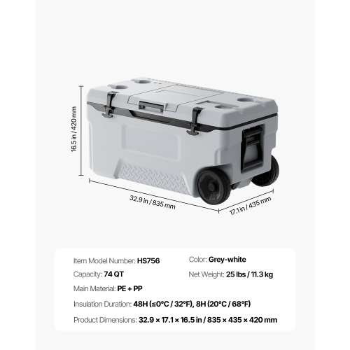 VEVOR 74 QT Portable Cooler, Wheeled Cooler with Ice Retention, Heavy-Duty Handles and Cup Holder, Lightweight Rigid Material Insulated Portable