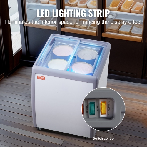 VEVOR 5.6 Cu.ft Commercial Ice Cream Display Case, Chest Freezer, Mobile Glass Top Deep Freezer, Restaurant Gelato Dipping Cabinet, 2 Sliding Glass