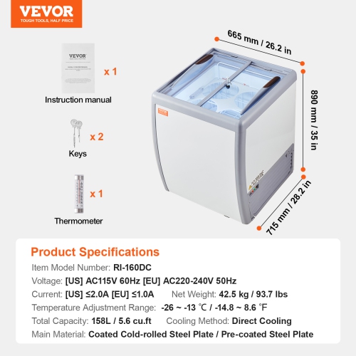 VEVOR 5.6 Cu.ft Commercial Ice Cream Display Case, Chest Freezer, Mobile Glass Top Deep Freezer, Restaurant Gelato Dipping Cabinet, 2 Sliding Glass