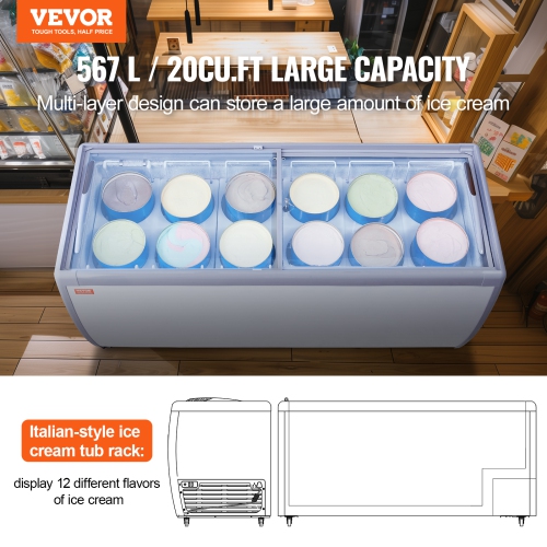 VEVOR 20 Cu.ft Commercial Ice Cream Display Case, Chest Freezer, Mobile Glass Top Deep Freezer, Restaurant Gelato Dipping Cabinet with 12 Large Tubs,