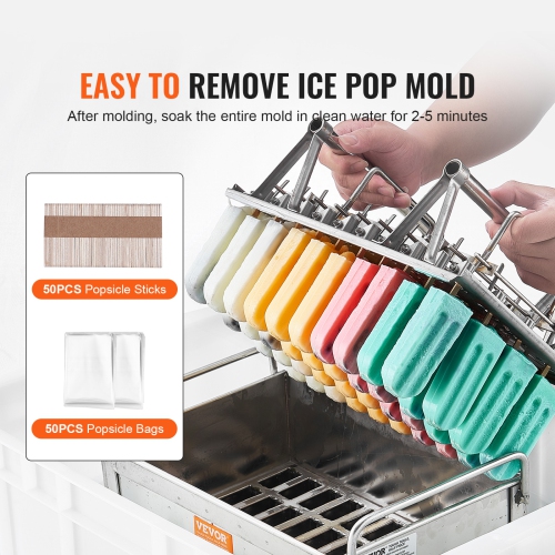 VEVOR 40PCS Commercial Popsicle Moulds, Round-Head Ice Pop Moulds with Double Slot, Stainless Steel Moulds, Ice Cream Maker Mould Holder with 50PCS