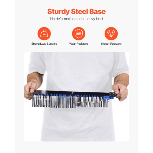 VEVOR 2PCS Portable Socket Organizer Tray, Metric & SAE Socket Organizer Set Hold up to 160 Sockets, 1/4", 3/8" and 1/2" Heavy-Duty Socket Rail with