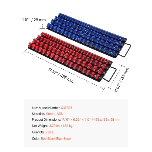 VEVOR 2PCS Portable Socket Organizer Tray, Metric & SAE Socket Organizer Set Hold up to 160 Sockets, 1/4", 3/8" and 1/2" Heavy-Duty Socket Rail with