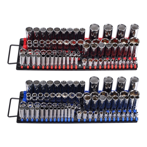 VEVOR 2PCS Portable Socket Organizer Tray, Metric & SAE Socket Organizer Set Hold up to 160 Sockets, 1/4", 3/8" and 1/2" Heavy-Duty Socket Rail with