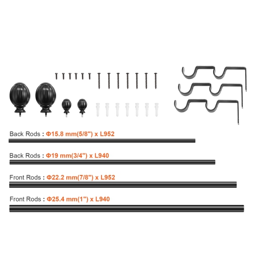 Tringle à rideaux double 36-72&nbsp;pouces, tringles noires à double rideau avec faîteaux ronds, diamètre de 1&nbsp;po et 3/4 po, tringle à double