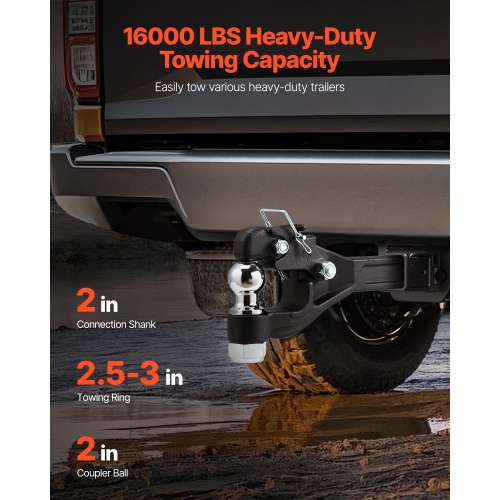 VEVOR Pintle Hook, 16000 lbs Towing Capacity, Pintle Hook Hitch for 2-inch Hitch Hook Military Receiver, Combination 2-inch Hitch Ball, Fits 2.5 to