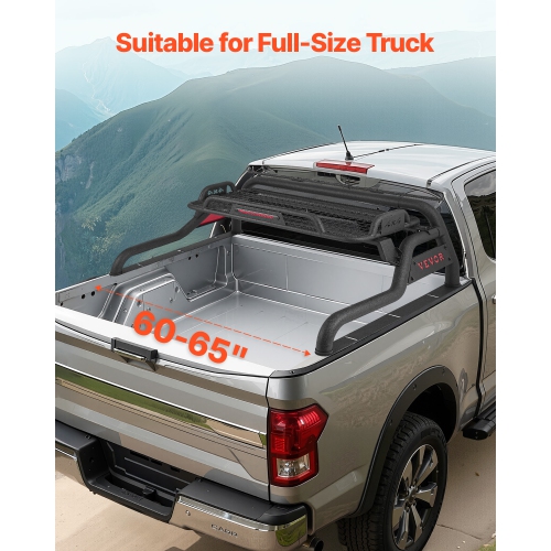 VEVOR Truck Bed Roll Bar, Universal Adjustable Sport Bar Chase Rack, with Luggage Rack for Full-Size Pickup, Carbon Steel Construction with LED Brake