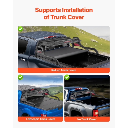 VEVOR Truck Bed Roll Bar, Universal Adjustable Sport Bar Chase Rack, with Luggage Rack for Full-Size Pickup, Carbon Steel Construction with LED Brake