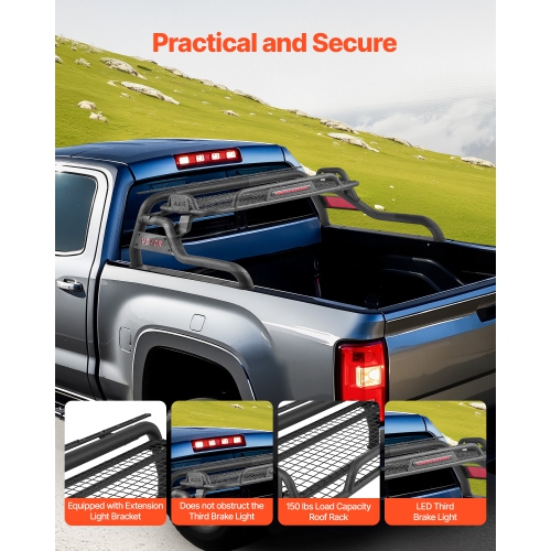 VEVOR Truck Bed Roll Bar, Universal Adjustable Sport Bar Chase Rack, with Luggage Rack for Full-Size Pickup, Carbon Steel Construction with LED Brake