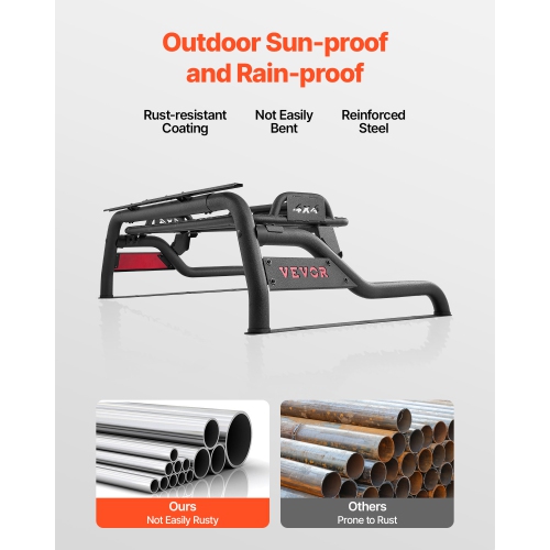 VEVOR Truck Bed Roll Bar, Universal Adjustable Sport Bar Chase Rack, with Luggage Rack for Full-Size Pickup, Carbon Steel Construction with LED Brake
