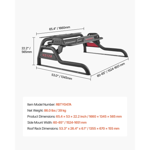 VEVOR Truck Bed Roll Bar, Universal Adjustable Sport Bar Chase Rack, with Luggage Rack for Full-Size Pickup, Carbon Steel Construction with LED Brake