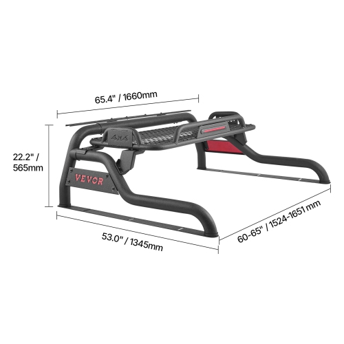 VEVOR Truck Bed Roll Bar, Universal Adjustable Sport Bar Chase Rack, with Luggage Rack for Full-Size Pickup, Carbon Steel Construction with LED Brake