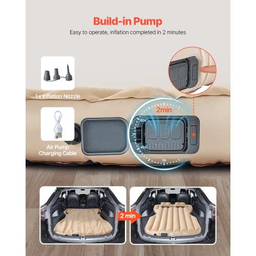 VEVOR Car Air Mattress, Fits Tesla Model Y, Inflatable Mattress, Thickened Blow Up Travel Beds, Durable Portable Sleeping Pad with Built in Pump, 2