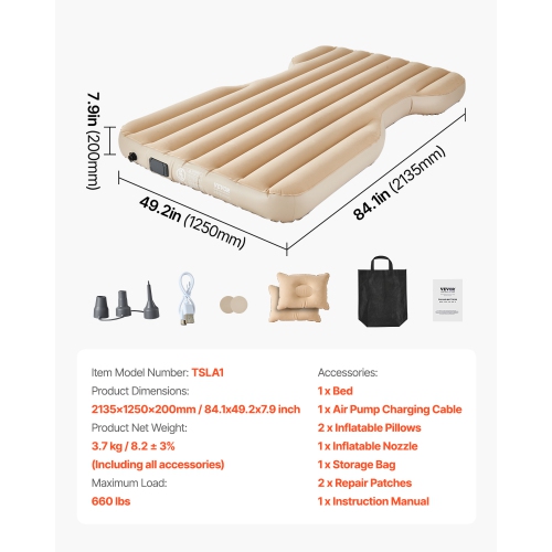 VEVOR Car Air Mattress, Fits Tesla Model Y, Inflatable Mattress, Thickened Blow Up Travel Beds, Durable Portable Sleeping Pad with Built in Pump, 2